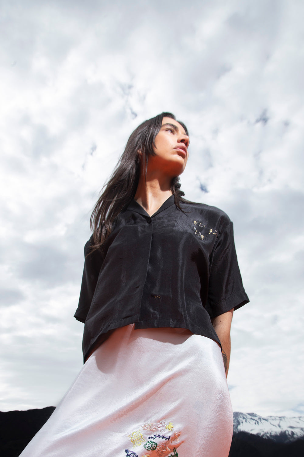 Embroidered Silk Blouse in Black