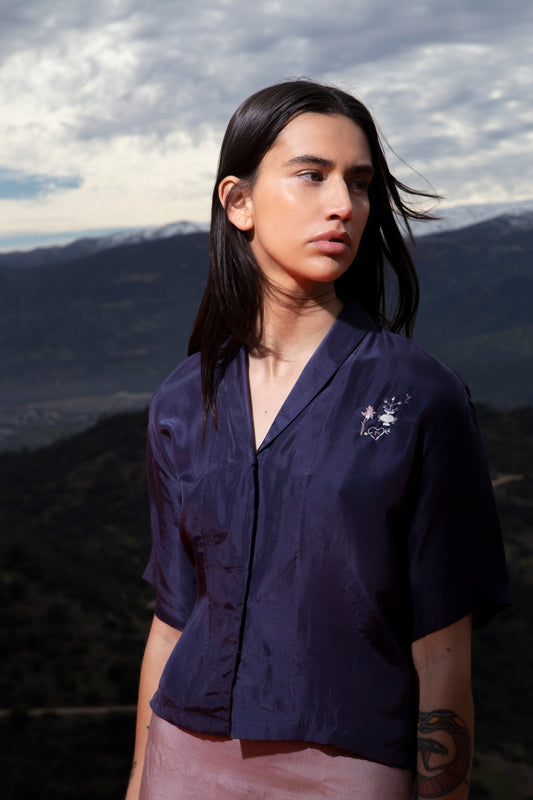 Embroidered Silk Blouse in Blue